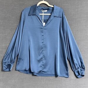 Grace Karin Blouse 2XL Blue Satin Long Sleeve Top‎ Career Cocktail Party Office